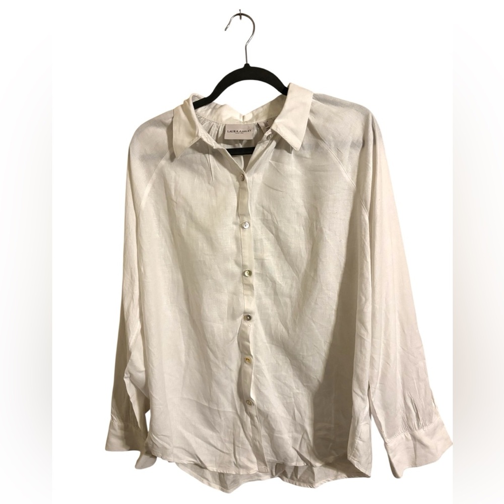 Laura Ashley White Linen Blend Button Up Shirt Large